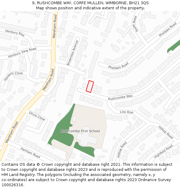 9, RUSHCOMBE WAY, CORFE MULLEN, WIMBORNE, BH21 3QS: Location map and indicative extent of plot