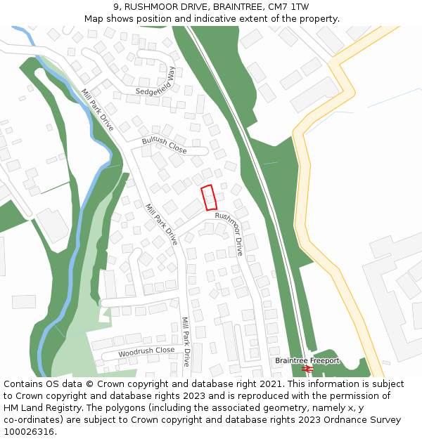 9, RUSHMOOR DRIVE, BRAINTREE, CM7 1TW: Location map and indicative extent of plot