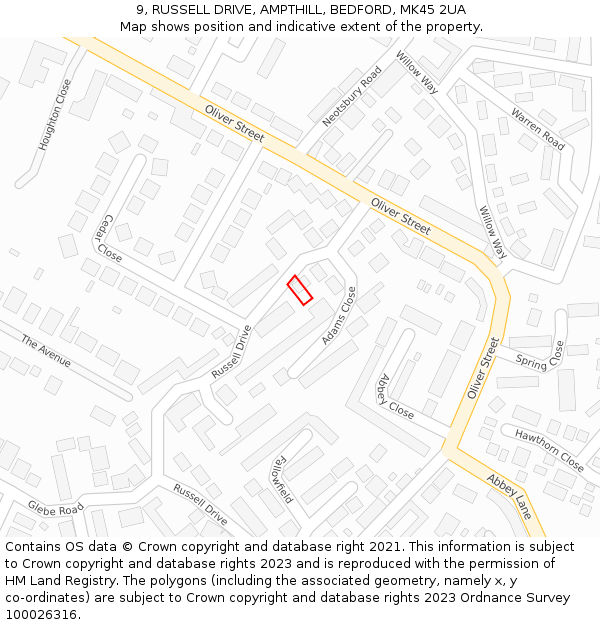 9, RUSSELL DRIVE, AMPTHILL, BEDFORD, MK45 2UA: Location map and indicative extent of plot