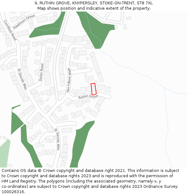 9, RUTHIN GROVE, KNYPERSLEY, STOKE-ON-TRENT, ST8 7XL: Location map and indicative extent of plot