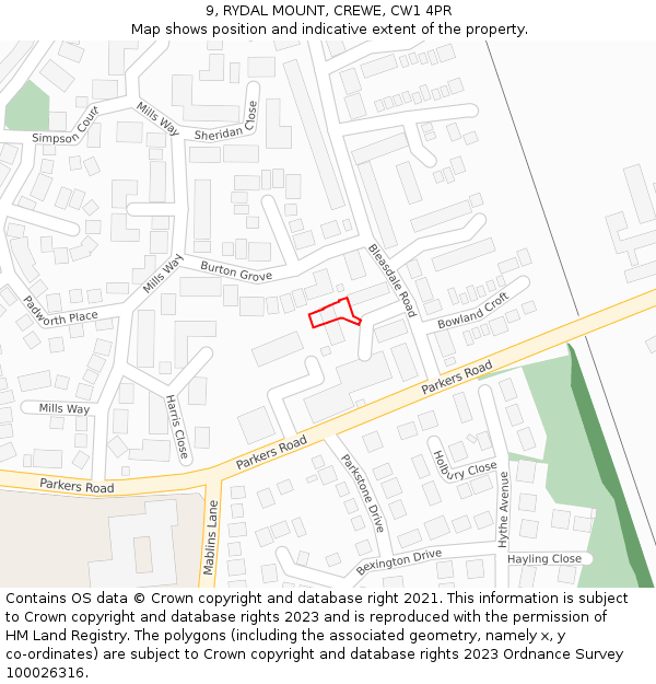 9, RYDAL MOUNT, CREWE, CW1 4PR: Location map and indicative extent of plot