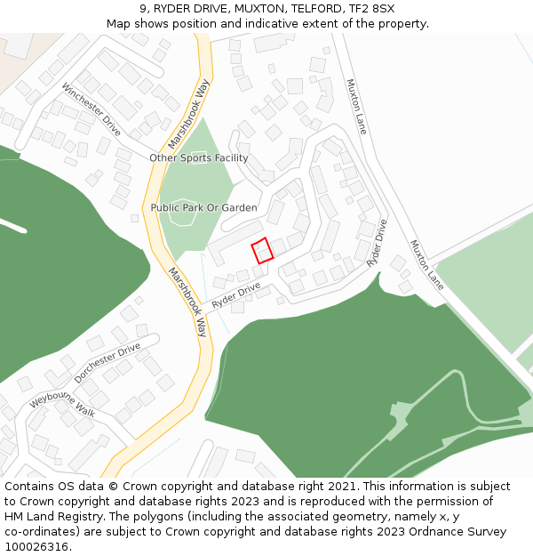 9, RYDER DRIVE, MUXTON, TELFORD, TF2 8SX: Location map and indicative extent of plot