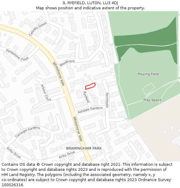 9, RYEFIELD, LUTON, LU3 4DJ: Location map and indicative extent of plot