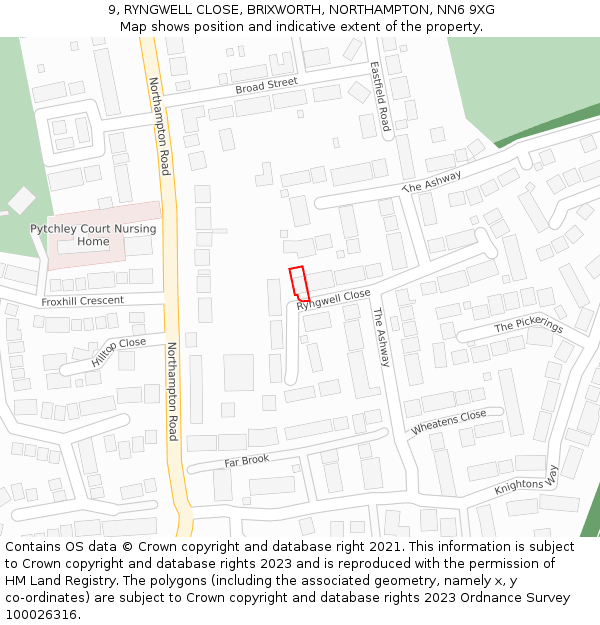 9, RYNGWELL CLOSE, BRIXWORTH, NORTHAMPTON, NN6 9XG: Location map and indicative extent of plot