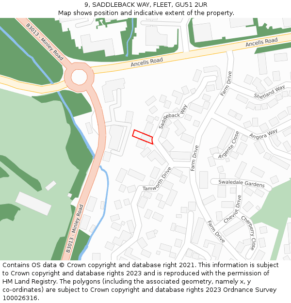 9, SADDLEBACK WAY, FLEET, GU51 2UR: Location map and indicative extent of plot