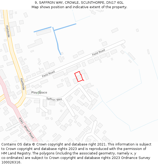 9, SAFFRON WAY, CROWLE, SCUNTHORPE, DN17 4GL: Location map and indicative extent of plot