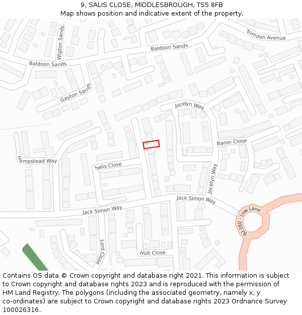 9, SALIS CLOSE, MIDDLESBROUGH, TS5 8FB: Location map and indicative extent of plot