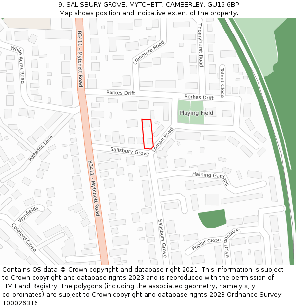 9, SALISBURY GROVE, MYTCHETT, CAMBERLEY, GU16 6BP: Location map and indicative extent of plot
