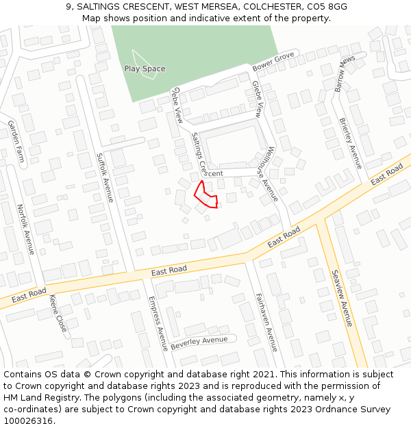 9, SALTINGS CRESCENT, WEST MERSEA, COLCHESTER, CO5 8GG: Location map and indicative extent of plot