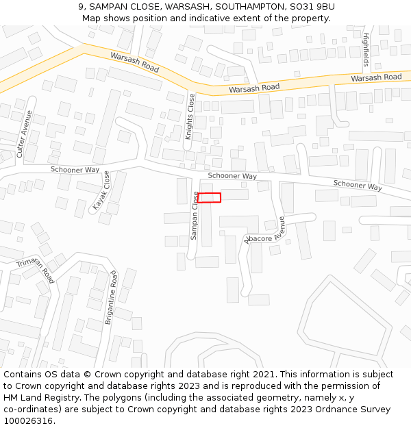 9, SAMPAN CLOSE, WARSASH, SOUTHAMPTON, SO31 9BU: Location map and indicative extent of plot