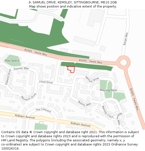 9, SAMUEL DRIVE, KEMSLEY, SITTINGBOURNE, ME10 2GB: Location map and indicative extent of plot