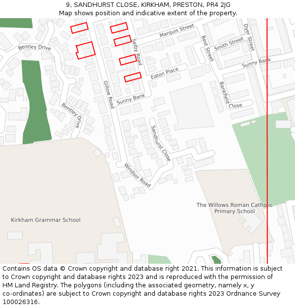 9, SANDHURST CLOSE, KIRKHAM, PRESTON, PR4 2JG: Location map and indicative extent of plot