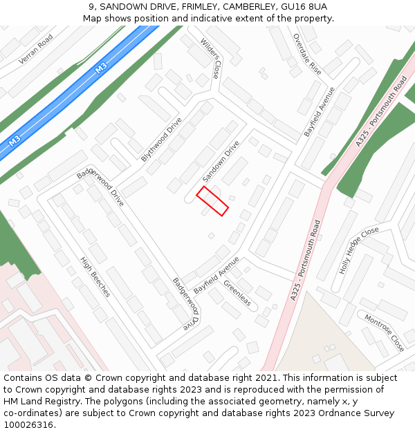 9, SANDOWN DRIVE, FRIMLEY, CAMBERLEY, GU16 8UA: Location map and indicative extent of plot