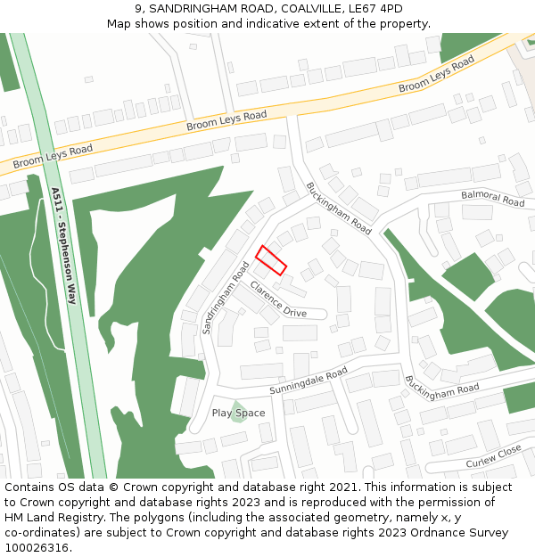 9, SANDRINGHAM ROAD, COALVILLE, LE67 4PD: Location map and indicative extent of plot
