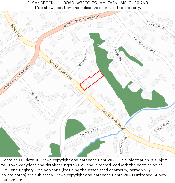 9, SANDROCK HILL ROAD, WRECCLESHAM, FARNHAM, GU10 4NR: Location map and indicative extent of plot