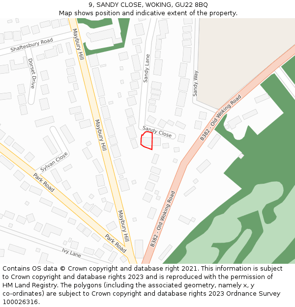 9, SANDY CLOSE, WOKING, GU22 8BQ: Location map and indicative extent of plot