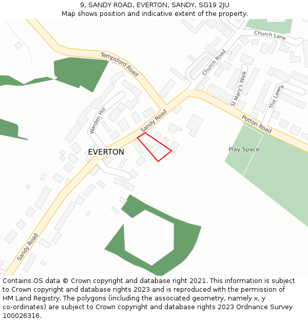 9, SANDY ROAD, EVERTON, SANDY, SG19 2JU: Location map and indicative extent of plot