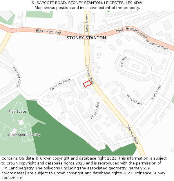 9, SAPCOTE ROAD, STONEY STANTON, LEICESTER, LE9 4DW: Location map and indicative extent of plot