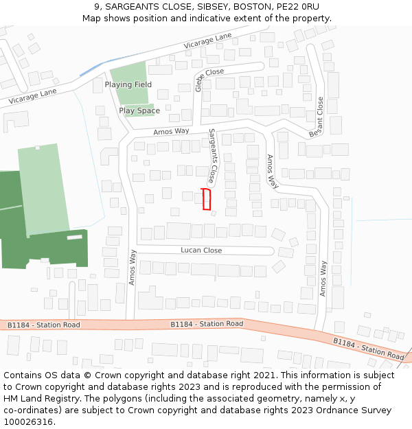 9, SARGEANTS CLOSE, SIBSEY, BOSTON, PE22 0RU: Location map and indicative extent of plot