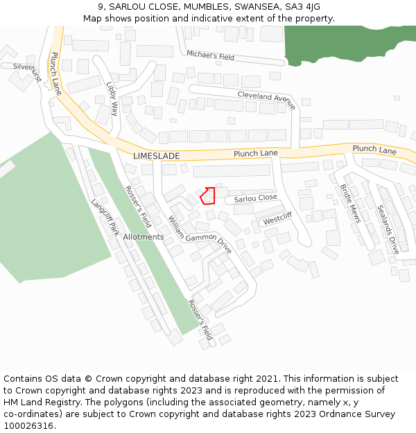 9, SARLOU CLOSE, MUMBLES, SWANSEA, SA3 4JG: Location map and indicative extent of plot