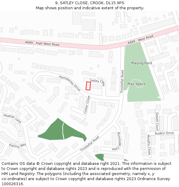 9, SATLEY CLOSE, CROOK, DL15 9PS: Location map and indicative extent of plot