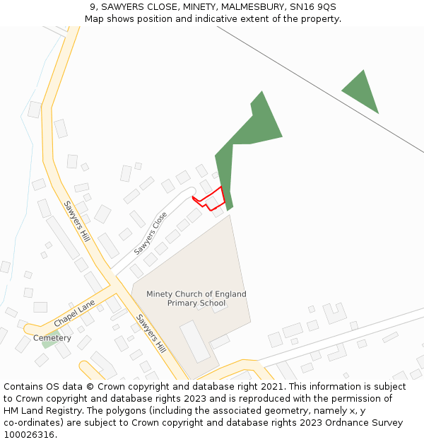 9, SAWYERS CLOSE, MINETY, MALMESBURY, SN16 9QS: Location map and indicative extent of plot