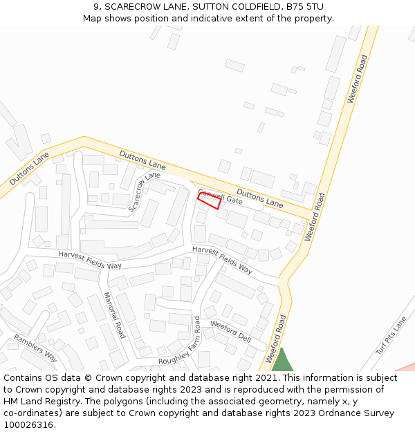 9, SCARECROW LANE, SUTTON COLDFIELD, B75 5TU: Location map and indicative extent of plot