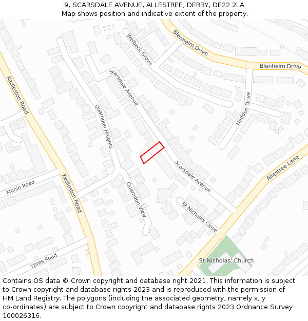 9, SCARSDALE AVENUE, ALLESTREE, DERBY, DE22 2LA: Location map and indicative extent of plot