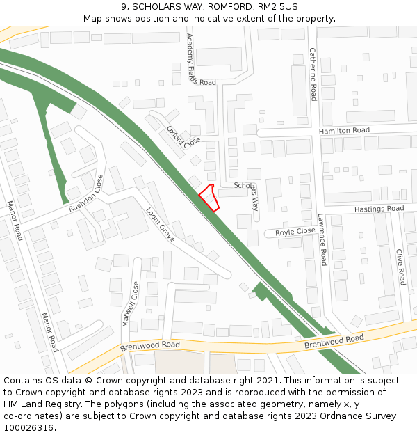 9, SCHOLARS WAY, ROMFORD, RM2 5US: Location map and indicative extent of plot