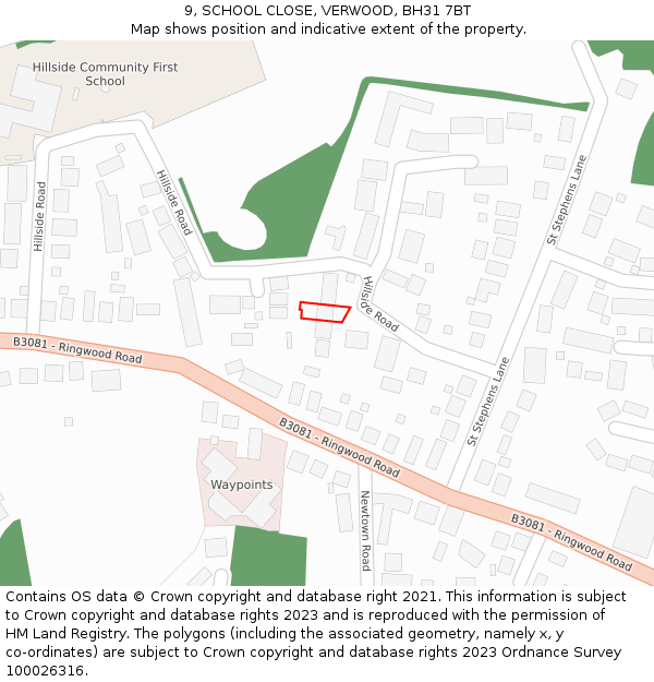 9, SCHOOL CLOSE, VERWOOD, BH31 7BT: Location map and indicative extent of plot