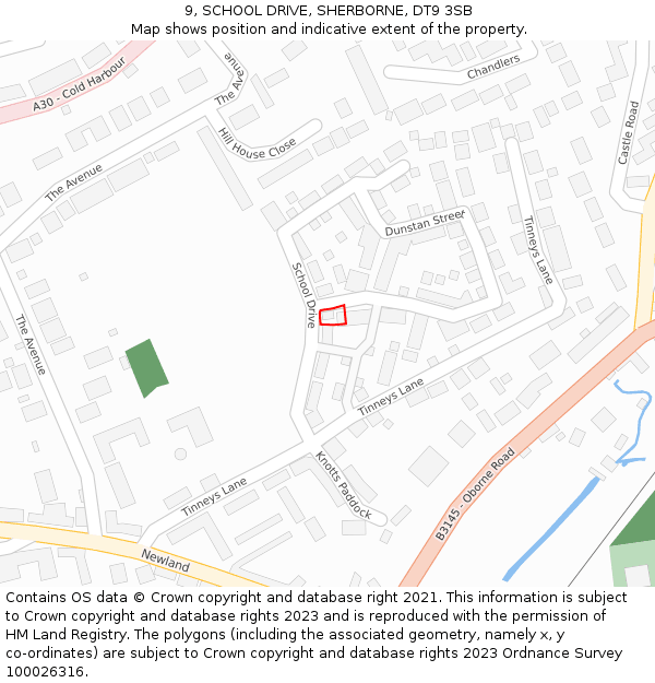 9, SCHOOL DRIVE, SHERBORNE, DT9 3SB: Location map and indicative extent of plot