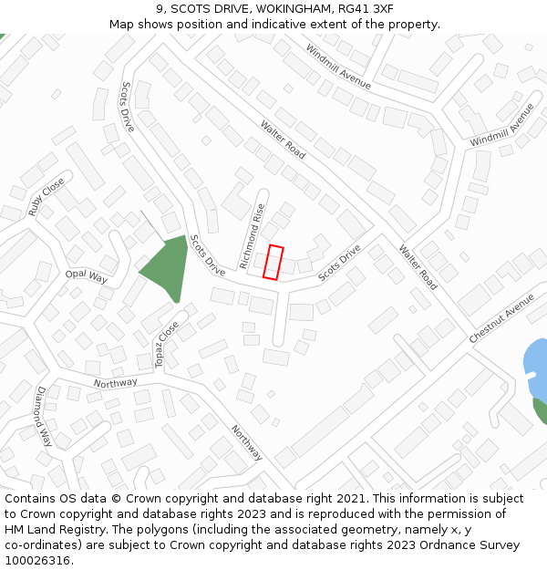 9, SCOTS DRIVE, WOKINGHAM, RG41 3XF: Location map and indicative extent of plot