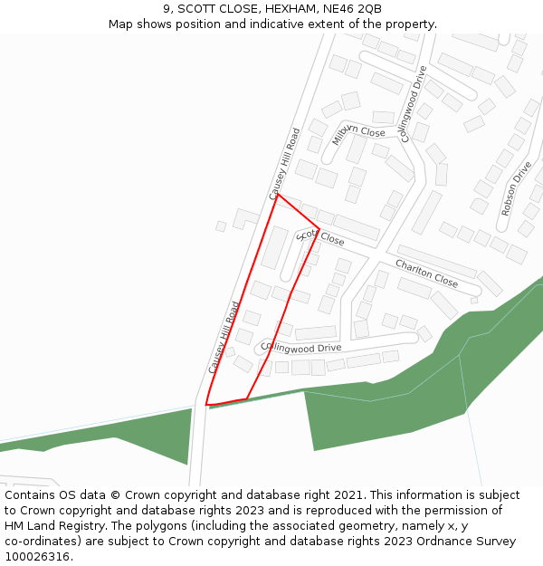 9, SCOTT CLOSE, HEXHAM, NE46 2QB: Location map and indicative extent of plot