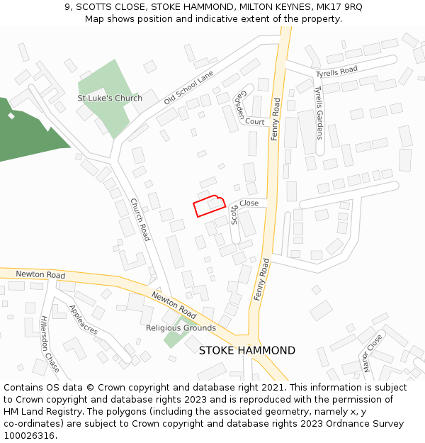 9, SCOTTS CLOSE, STOKE HAMMOND, MILTON KEYNES, MK17 9RQ: Location map and indicative extent of plot