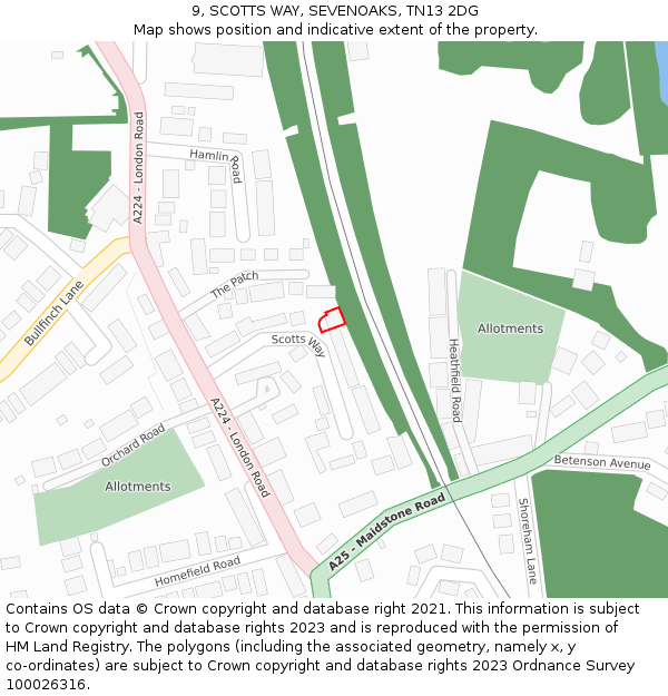 9, SCOTTS WAY, SEVENOAKS, TN13 2DG: Location map and indicative extent of plot