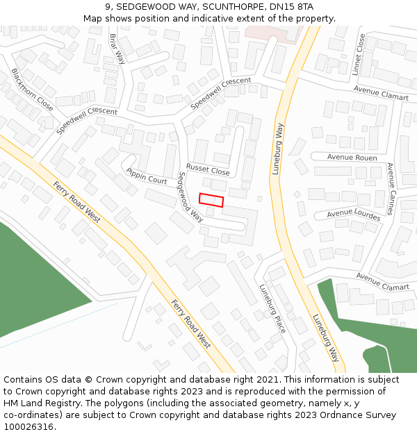 9, SEDGEWOOD WAY, SCUNTHORPE, DN15 8TA: Location map and indicative extent of plot