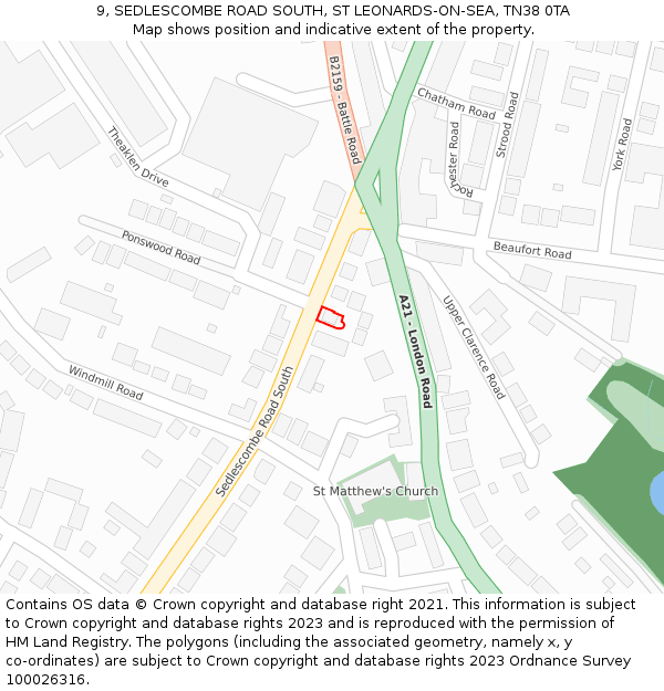 9, SEDLESCOMBE ROAD SOUTH, ST LEONARDS-ON-SEA, TN38 0TA: Location map and indicative extent of plot