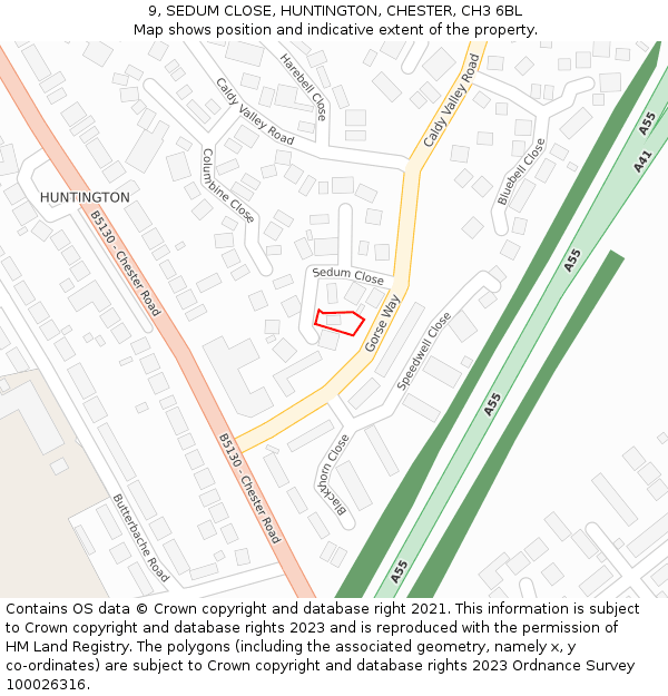 9, SEDUM CLOSE, HUNTINGTON, CHESTER, CH3 6BL: Location map and indicative extent of plot