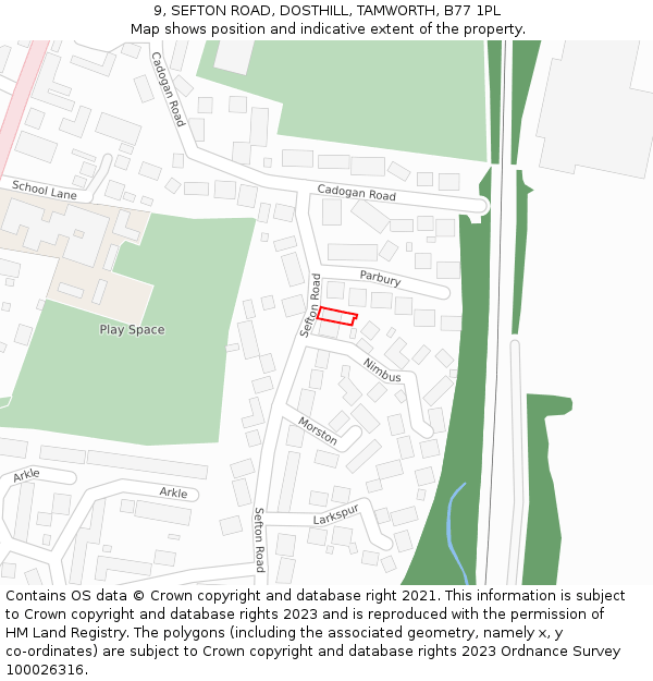 9, SEFTON ROAD, DOSTHILL, TAMWORTH, B77 1PL: Location map and indicative extent of plot