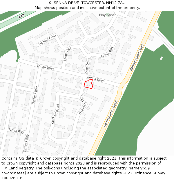 9, SENNA DRIVE, TOWCESTER, NN12 7AU: Location map and indicative extent of plot