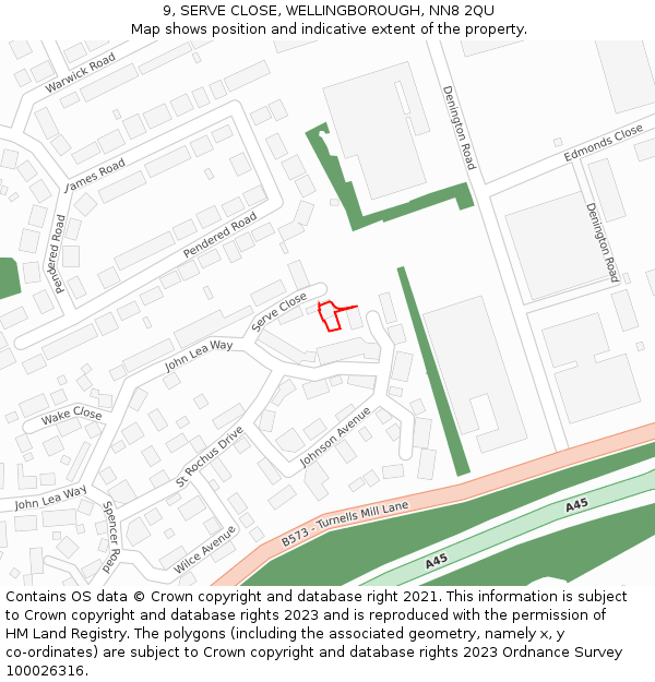 9, SERVE CLOSE, WELLINGBOROUGH, NN8 2QU: Location map and indicative extent of plot