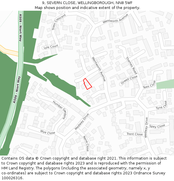 9, SEVERN CLOSE, WELLINGBOROUGH, NN8 5WF: Location map and indicative extent of plot