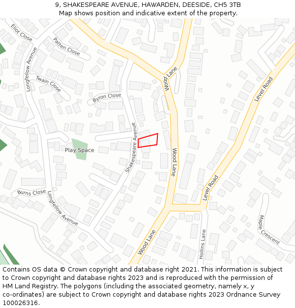 9, SHAKESPEARE AVENUE, HAWARDEN, DEESIDE, CH5 3TB: Location map and indicative extent of plot