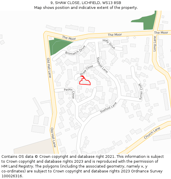 9, SHAW CLOSE, LICHFIELD, WS13 8SB: Location map and indicative extent of plot