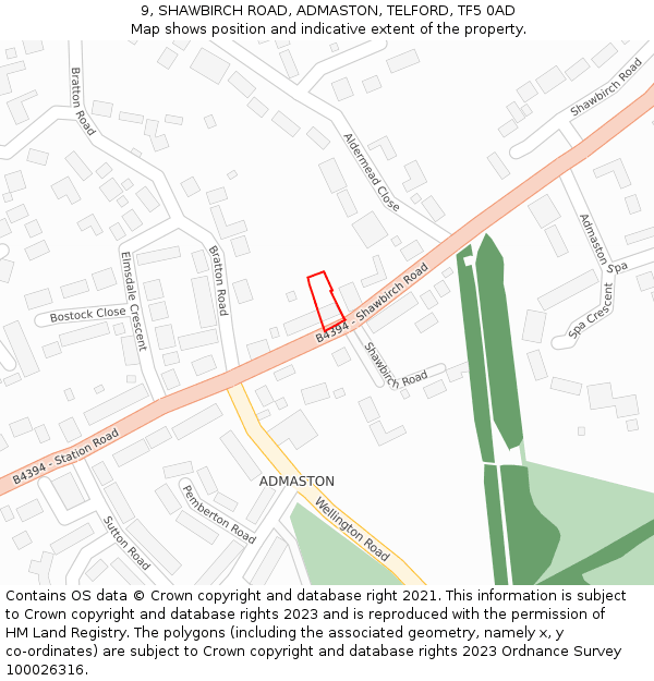 9, SHAWBIRCH ROAD, ADMASTON, TELFORD, TF5 0AD: Location map and indicative extent of plot