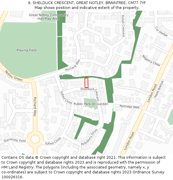 9, SHELDUCK CRESCENT, GREAT NOTLEY, BRAINTREE, CM77 7YF: Location map and indicative extent of plot