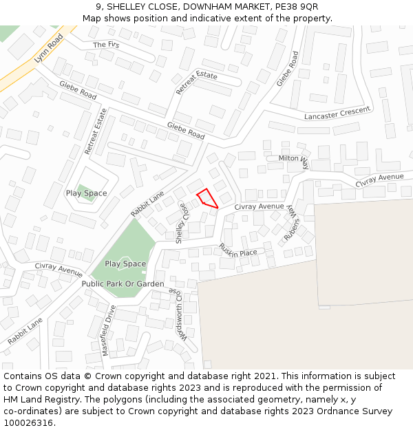 9, SHELLEY CLOSE, DOWNHAM MARKET, PE38 9QR: Location map and indicative extent of plot