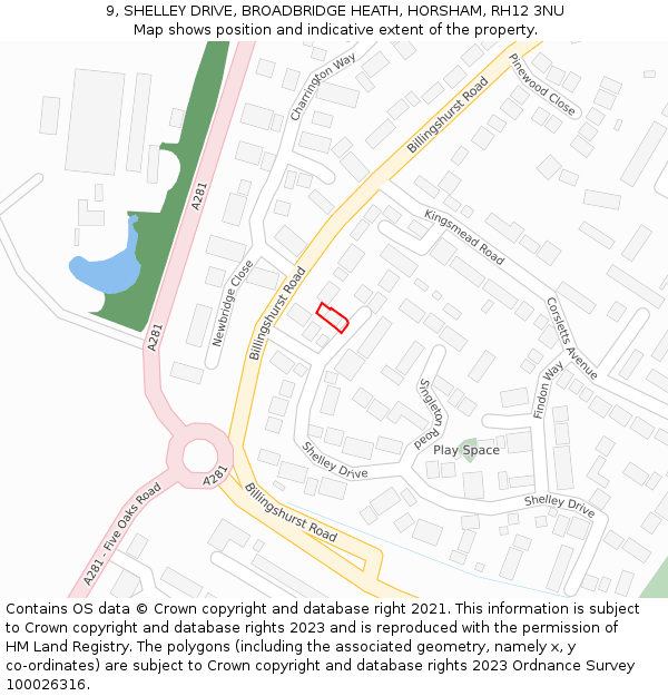 9, SHELLEY DRIVE, BROADBRIDGE HEATH, HORSHAM, RH12 3NU: Location map and indicative extent of plot