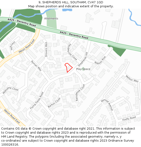 9, SHEPHERDS HILL, SOUTHAM, CV47 1GD: Location map and indicative extent of plot