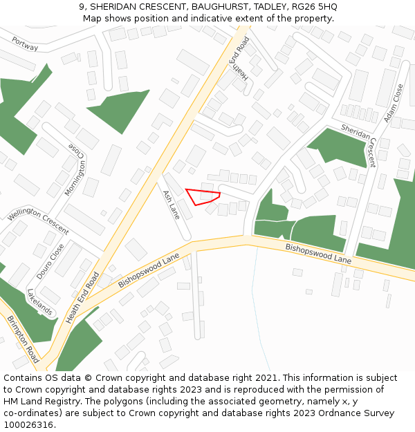 9, SHERIDAN CRESCENT, BAUGHURST, TADLEY, RG26 5HQ: Location map and indicative extent of plot
